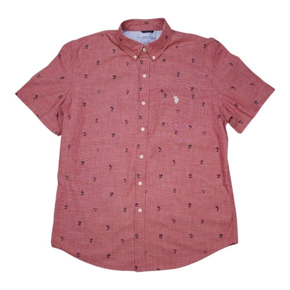 U.S. Polo Assn. Red Palm Tree Mens Size L Button-Up Shirt Short Sleeve Classic - Picture 1 of 10